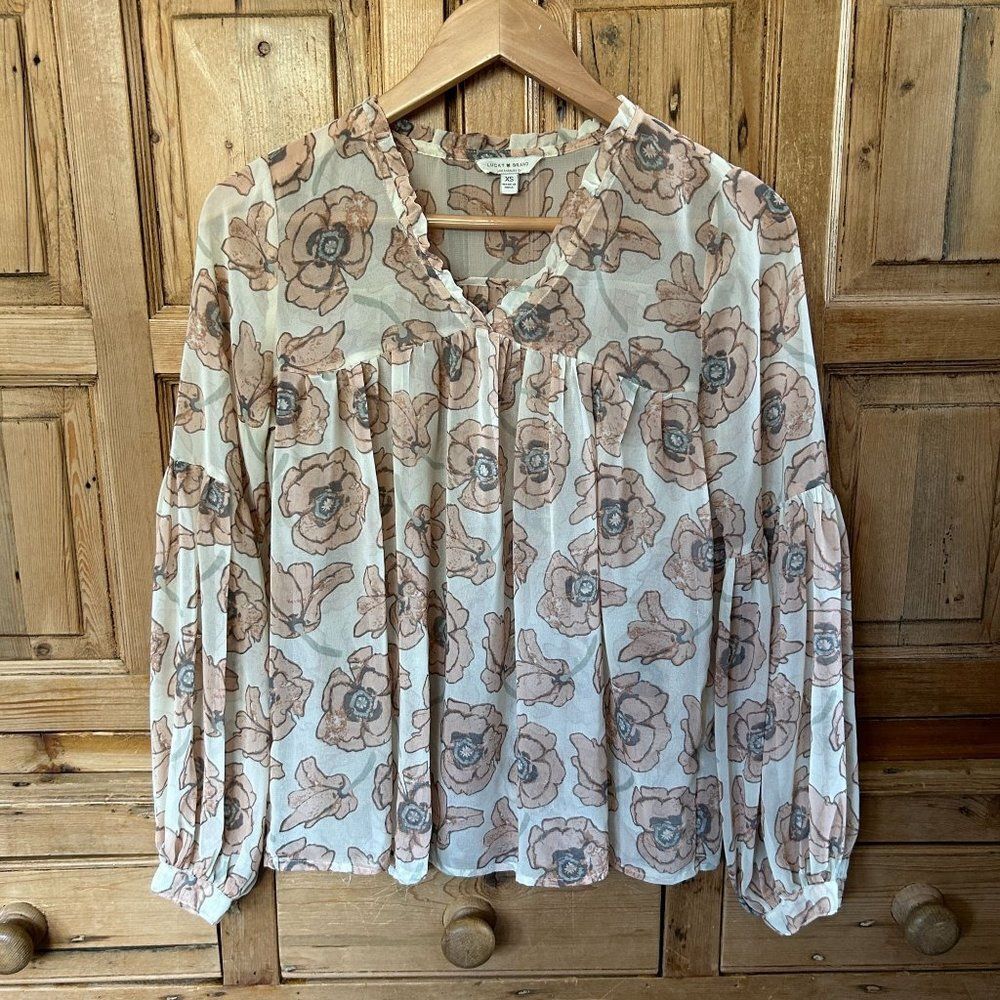 Lucky Brand XS Pink Poppy Blouse‎ Shirt Sheer V-Neck Ruffled - Slight Flaw